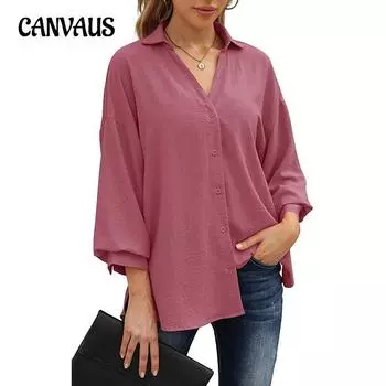 Большие размеры Женская рубашка с V-образным вырезом, однотонная шифоновая повседневная рубашка с рукавами-фонариками и пуговицами S чёрный