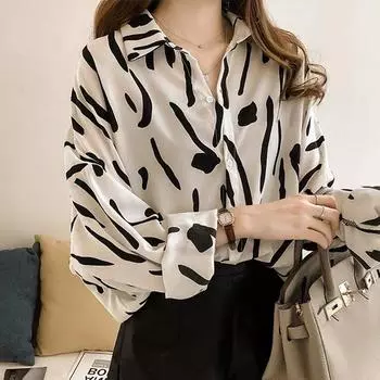 Большие размеры Женская рубашка Ulzzang с принтом, длинный рукав, свободная блузка, повседневные тонкие пуговицы, корейские блузки, рубашки больших размеров L белый