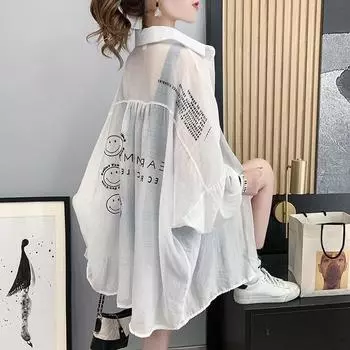 Большие размеры Женская рубашка весна-лето с длинным рукавом Защита от солнца Кардиганы Свободные топы Белый Черный L белый