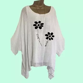 Большие размеры Женская свободная рубашка из хлопка и льна, весна-лето, повседневная, с круглым вырезом, тонкий топ с длинным рукавом, женская мода, цветочный принт, длинная рубашка S белый