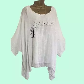 Большие размеры Женская свободная рубашка из хлопка и льна, весна-лето, повседневная, с круглым воротником, тонкий топ с длинным рукавом, женская модная длинная рубашка с принтом и неровным подолом S белый