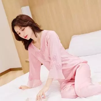 Большие размеры Женская весенне-осенняя удобная домашняя одежда из искусственного шелка, летняя тонкая пижама из 2 предметов с длинным рукавом, модный повседневный домашний комплект с V-образным вырезом M