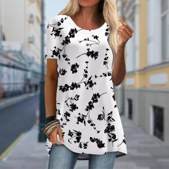 Большие размеры Женская весенняя черная футболка с принтом растений, удобная, с коротким рукавом и круглым воротником, повседневные мешковатые футболки средней длины XS синий