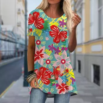 Большие размеры Женская весенняя футболка с принтом гигантских листьев, удобная, с коротким рукавом и круглым воротником, повседневные мешковатые футболки средней длины XS зелёный