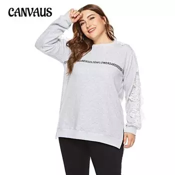 Большие размеры Женская весна и осень круглый вырез пуловер с буквенным принтом длинный рукав толстовка XL серый