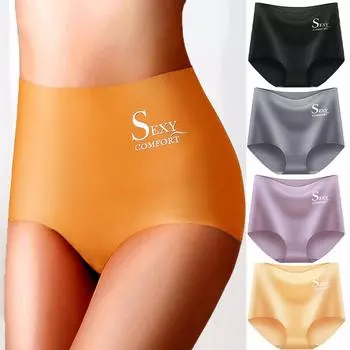 Большие размеры Женские бесшовные трусики Ice Silk Высокая талия Эластичные трусы Трусики Нижнее белье M чёрный