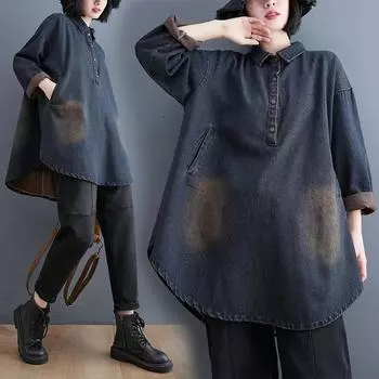 Большие размеры женские блузки рубашки однотонные с длинным рукавом джинсовая женская стильная модная синяя блузка M синий