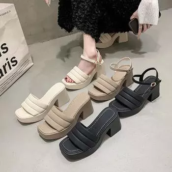 Большие размеры женские босоножки на танкетке с пряжкой на платформе и маленькими однотонными рукавами 35 хаки