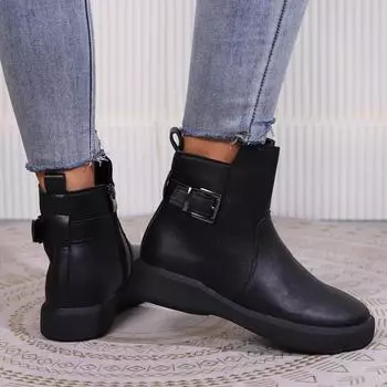 Большие размеры женские ботинки осень/зима новые ботильоны с пряжкой с круглым носком на плоской подошве повседневные ботинки Martens женские ретро 42