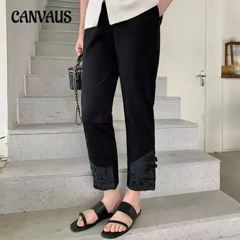 Большие размеры женские брюки в китайском стиле с застежкой-молнией, осенние прямые брюки с высокой талией XL чёрный