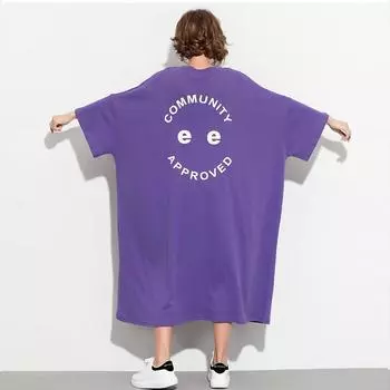 Большие размеры Женские длинные платья Летняя женская свободная одежда Элегантная футболка с коротким рукавом Праздничные повседневные свободные платья L фиолетовый