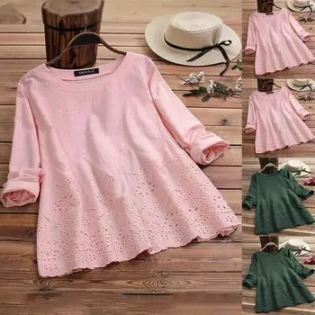 Большие размеры женские длинные рукава круглый вырез ажурные топы блузки женские повседневные однотонные свободные футболки S розовый