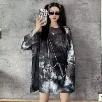 Большие размеры Женские футболки с длинным рукавом Солнцезащитные топы Свободные повседневные летние сетчатые футболки с принтом тай-дай Женская одежда больших размеров L чёрный