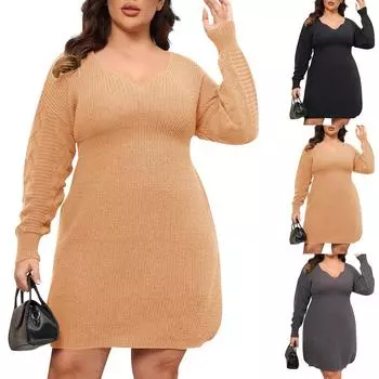 Большие размеры женские и зимние однотонные платья-свитера с V-образным вырезом, платья с талией XXXL чёрный