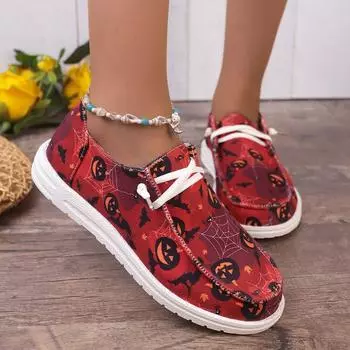 Большие размеры женские кроссовки с принтом тыквы на Хэллоуин модная женская обувь дышащая плоская парусиновая повседневная обувь Zapatillas Mujer 36 красный