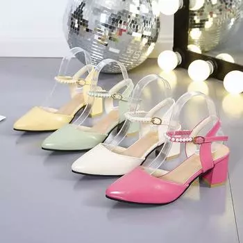 Большие размеры, женские, летние 2024 года, новые сандалии с острым носком, толстые, с жемчужным поясом, на высоком каблуке 35