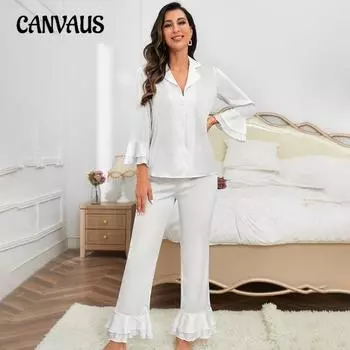 Большие размеры женские летние брюки с длинным рукавом домашняя одежда с лацканами новый пижамный комплект S белый