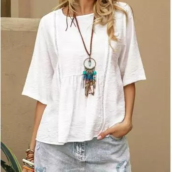 Большие размеры женские летние кружевные ажурные хлопковые льняные повседневные футболки свободные топы рубашки S белый