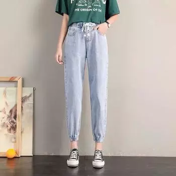 Большие размеры женские летние повседневные джинсы для похудения с высокой талией джинсовые брюки шаровары