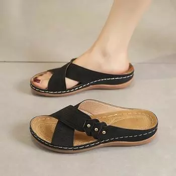 Большие размеры, женские, лето 2024 года, новые, наклонный каблук, толстая подошва, полые, крест-накрест, одна педаль, пляжные повседневные тапочки 36 красный