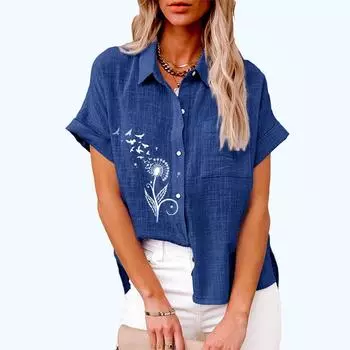 Большие размеры женские модные блузки с цветочным принтом на пуговицах льняной топ женская повседневная свободная футболка с коротким рукавом S белый