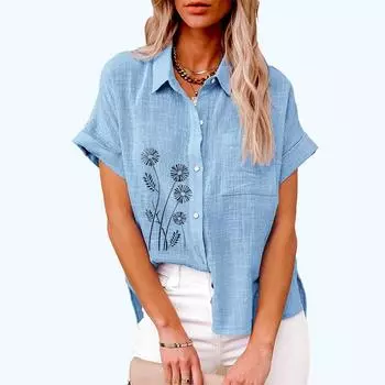 Большие размеры женские модные блузки с цветочным принтом на пуговицах льняной топ женская повседневная свободная футболка с коротким рукавом S белый