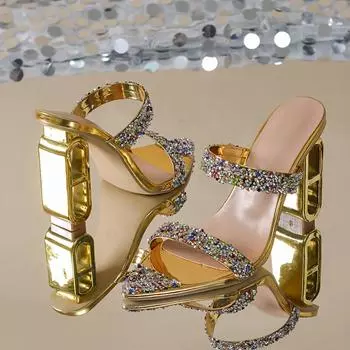 Большие размеры женские модные летние туфли на высоком каблуке с ромбовидным узором на толстом каблуке 36 золотой