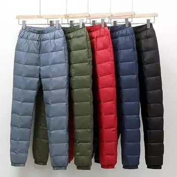 Большие размеры женские мужские пуховые брюки зимние с высокой талией белые утиные пуховые теплые прямые женские повседневные брюки 2XL чёрный