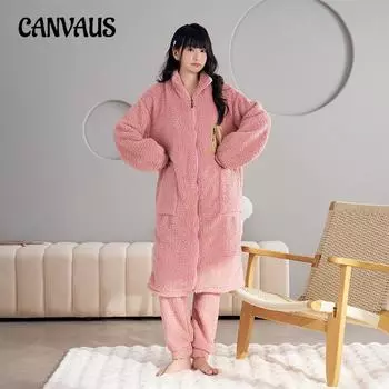 Большие размеры женские новые осенне-зимние длинные толстые теплые брюки из северной овечьей шерсти с длинным рукавом домашнее платье пижамный комплект M розовый