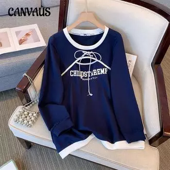 Большие размеры женские новые осенние дизайнерские Sense Niche Fake Two с длинными рукавами толстовки 2XL королевский синий