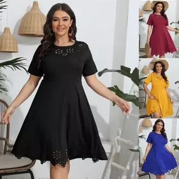 Большие размеры женские однотонные повседневные платья с открытой талией и короткими рукавами L чёрный
