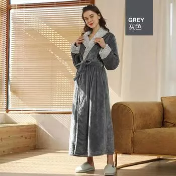 Большие размеры женские осенне-зимние фланелевые банные халаты с V-образным вырезом для пар, утолщенные длинные халаты со шнуровкой, домашняя одежда с карманами M