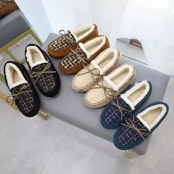 Большие размеры женские осенне-зимние теплые флисовые туфли на плоской подошве для беременных женщин с мягкой подошвой и бантом из термохлопка 35