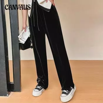 Большие размеры женские осенние с высокой талией, утягивающие, прямые, широкие, свободные, повседневные, из бархата XL чёрный