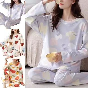 Большие размеры женские пижамы с рисунком свободные удобные простые длинные рукава + брюки комплект из 2 предметов для дома XL