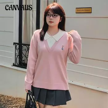 Большие размеры женские поддельные два милых преппи вязаные свитера XL темно-синий