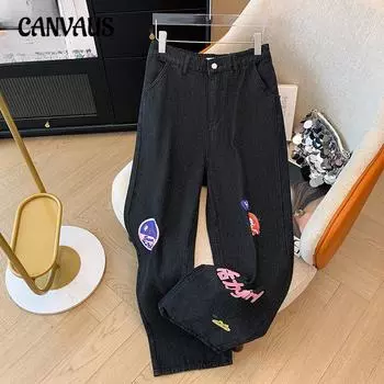 Большие размеры женские повседневные брюки из денима с принтом и высокой талией осенние повседневные широкие брюки 2XL чёрный/серый