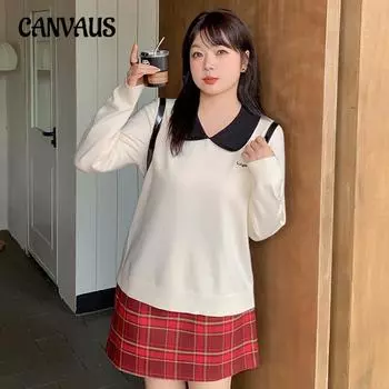 Большие размеры женские повседневные топы с кукольным вырезом, уменьшающие возраст, осенний свободный вязаный свитер с цветовым сочетанием XL чёрный