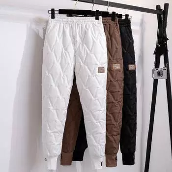 Большие размеры, женские пуховые хлопковые брюки, зимние женские толстые теплые шаровары, эластичные повседневные свободные брюки с высокой талией, брюки 4XL XXXXL белый