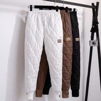 Большие размеры, женские пуховые хлопковые брюки, зимние женские толстые теплые шаровары, эластичные повседневные свободные брюки с высокой талией, брюки 4XL S чёрный