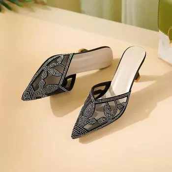 Большие размеры женские римские стразы сетчатые классные тапочки женские лето 2025 новая корейская версия модные туфли с острым носком на высоком каблуке 34 золотой