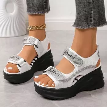 Большие размеры женские сандалии летние с круглым носком и толстой подошвой со стразами 35 чёрный