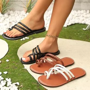 Большие размеры женские сандалии на плоской подошве легкие плетеные пляжные тапочки с петлей для большого пальца удобные шлепанцы 36 белый