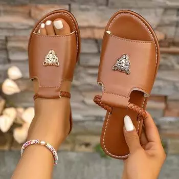 Большие размеры женские сандалии на плоской подошве 2025 дышащие тапочки с вырезом «рыбий рот» однотонные летние шлепанцы 36 темно-коричневого