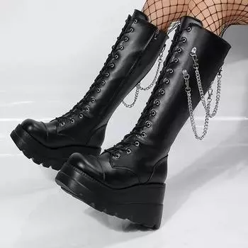 Большие размеры женские сапоги до середины голени с круглым носком и увеличенной платформой в готическом стиле 2024 г. с панковской цепочкой и толстой боковой молнией для женщин 35