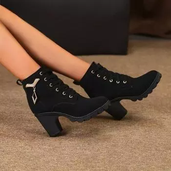 Большие размеры женские сапоги короткие сапоги на толстом каблуке ботинки Martin женские ботинки на шнуровке с круглым носком женские сапоги короткие сапоги на толстом каблуке сапоги drop bare boots 35 чёрный