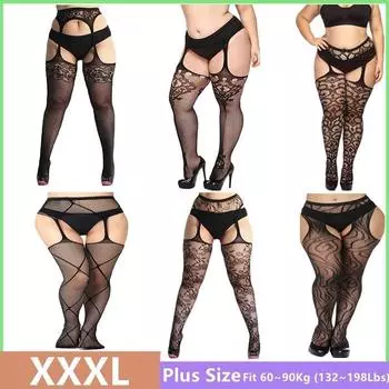 Большие размеры, женские сексуальные колготки в сеточку, чулки, кружевной топ, прозрачные чулки до бедра, колготки, женское нижнее белье, черное Plus Size