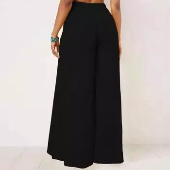 Большие размеры женские широкие брюки со шнуровкой и поясом, повседневные свободные длинные брюки с эластичной резинкой на талии S чёрный