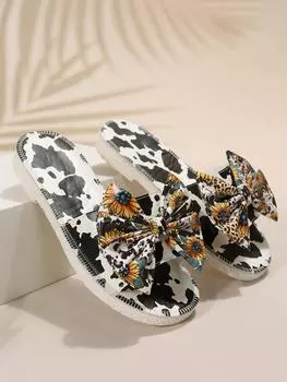 Большие размеры, женские тапочки на плоской подошве, 2023, новая корейская версия, модные пляжные тапочки с бантом и цветочным принтом, оптовая продажа 37 жёлтый