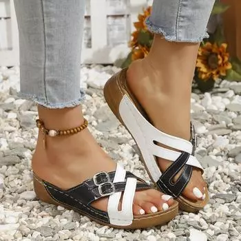 Большие размеры, женские тапочки с плоской подошвой и пряжкой на ремне, летние новые, толстые, покатые и с рыбьим ртом, классные тапочки 36 синий